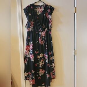 City chic wrap hi-low summer dress, size 20, black with pink/white floral